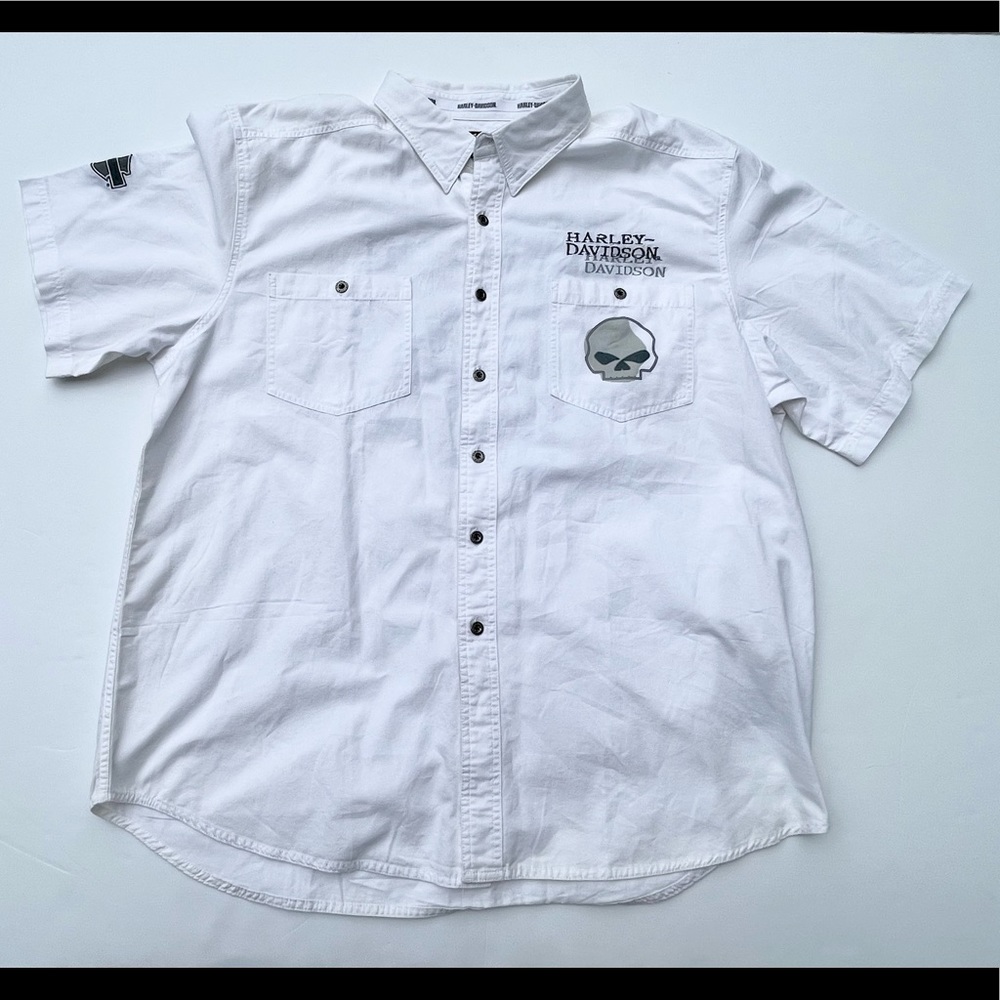 Harley Davidson Men’s Short Sleeve Button Up Shirt White Canvas Denim Size 2XL